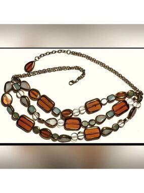Vintage Jewelry Necklace Gold Tone Amber Tone Bead Green Blue Multi Strand
